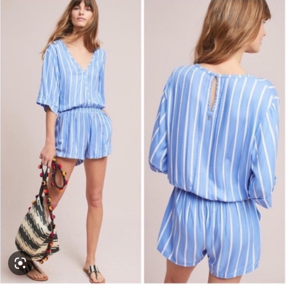 Anthropologie Beachgold Women's Large Blue Cream Striped Jetsetter Romper